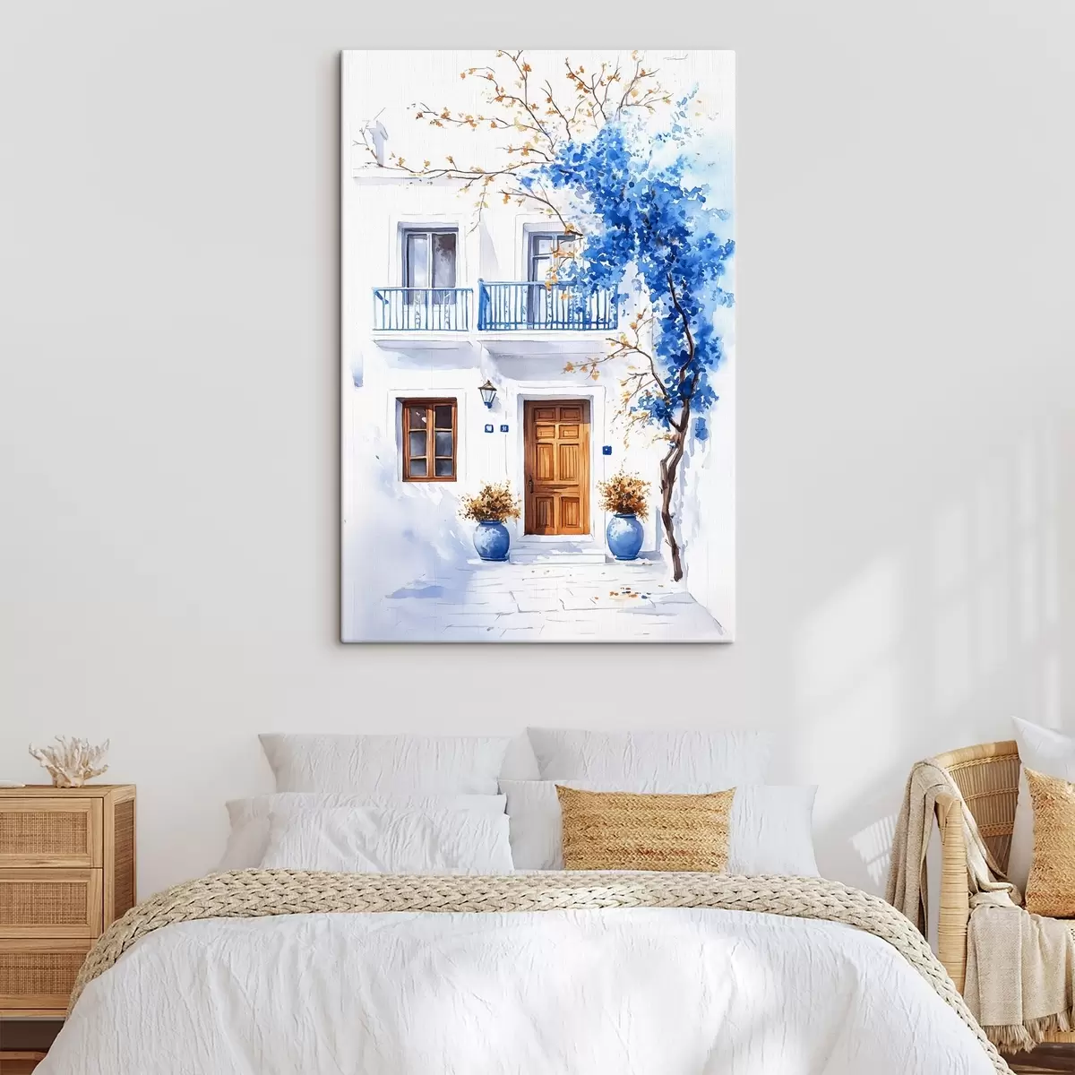 murales de pared Árbol en flor con flores azules, casa blanca, Grecia, estilo acuarela s43183