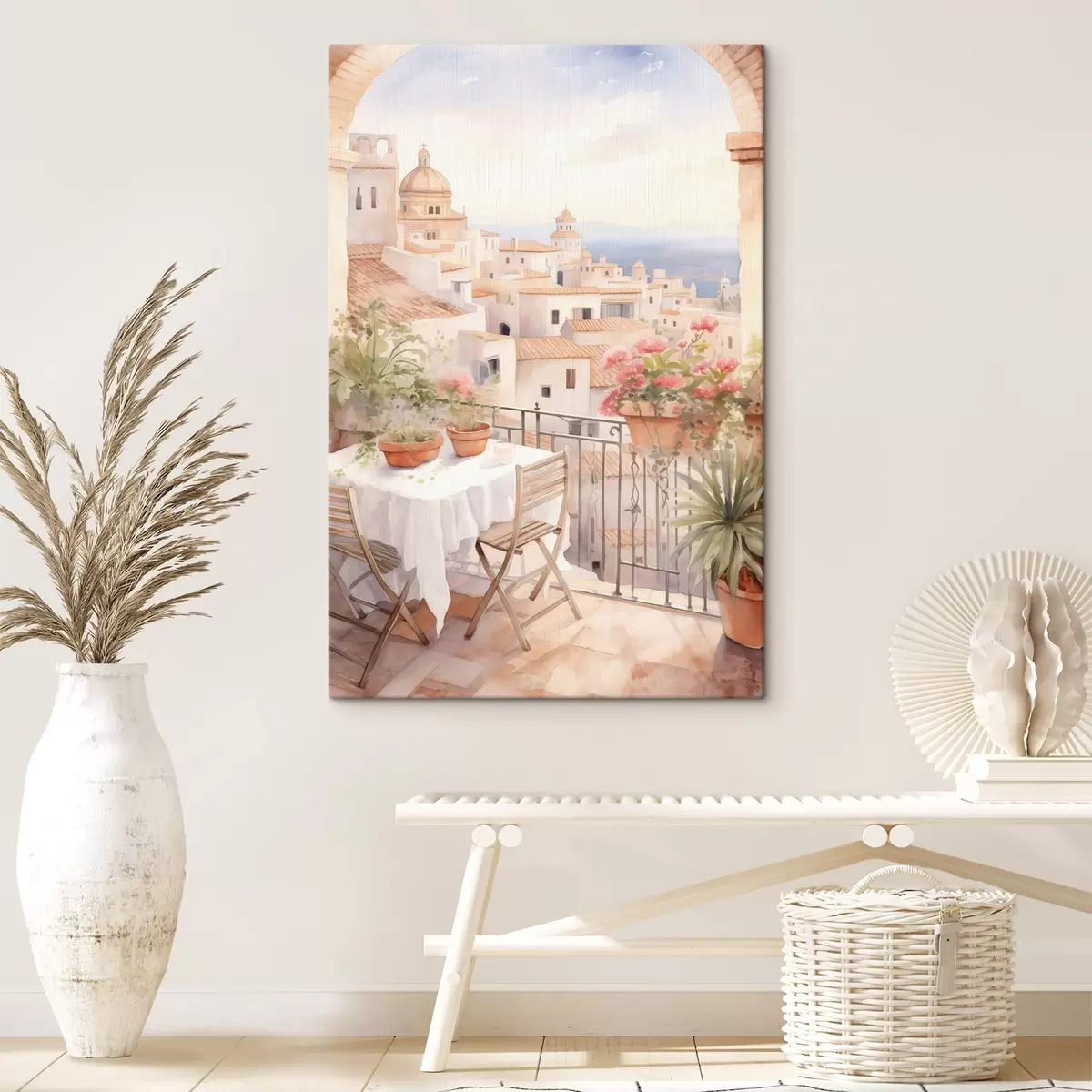 murales de pared Puesta de sol en el balcón, Italia, arquitectura, flores en flor, estilo acuarela s43184