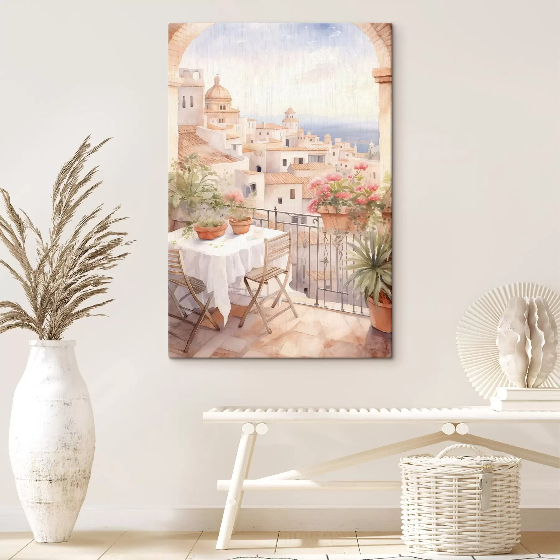 murales de pared Puesta de sol en el balcón, Italia, arquitectura, flores en flor, estilo acuarela s43184