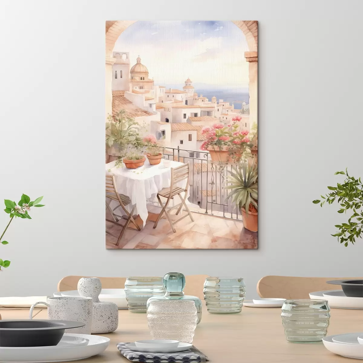 murales de pared Puesta de sol en el balcón, Italia, arquitectura, flores en flor, estilo acuarela s43184