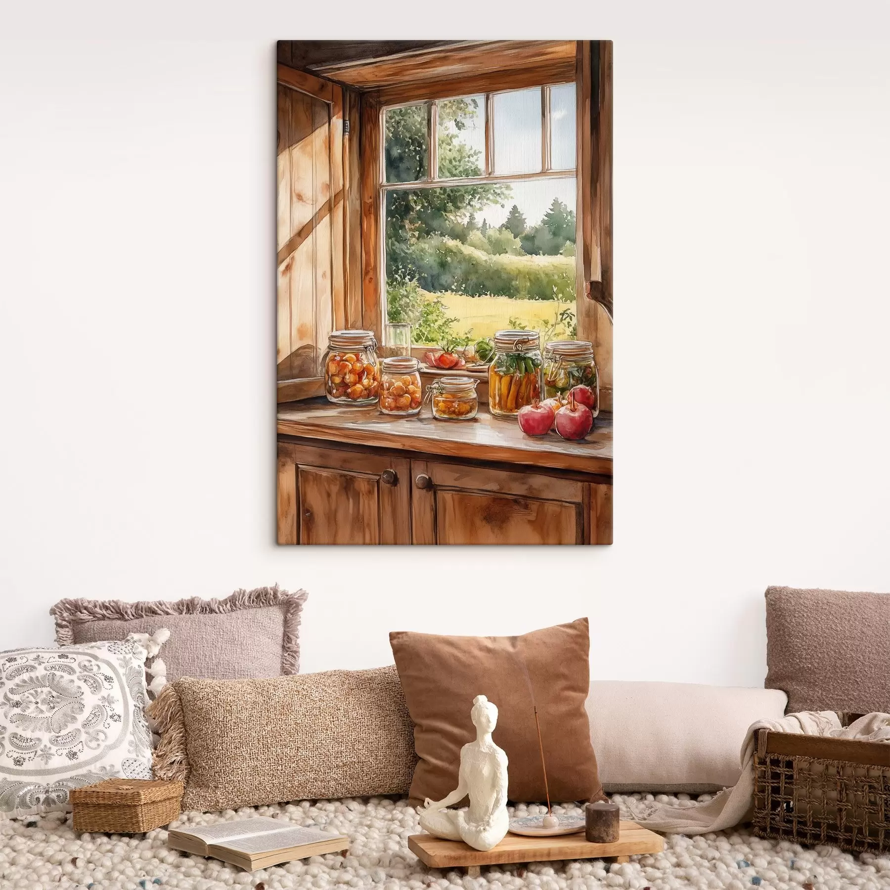 murales de pared Estética de pueblo, casa de madera, naturaleza estival, verduras, estilo acuarela s43185