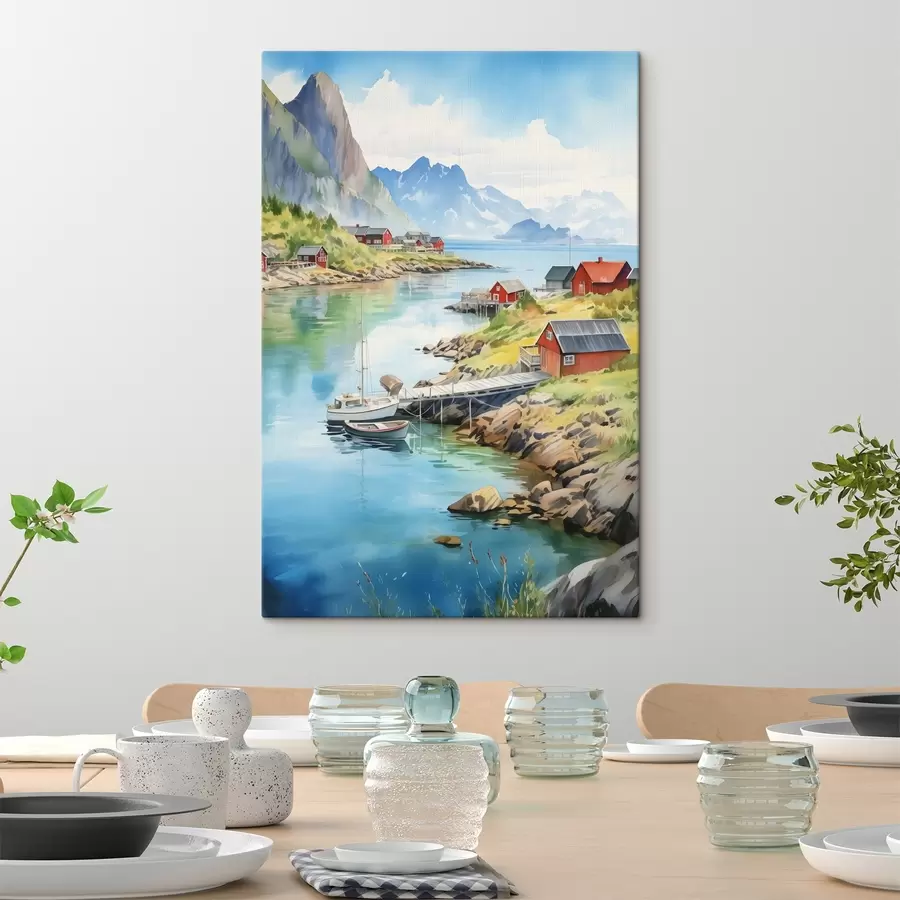 murales de pared Paisaje de verano de las islas Lofoten, casas rojas, montañas, barcos s43187