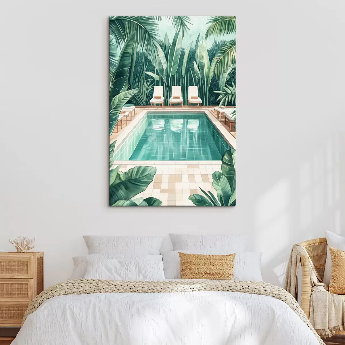 murales de pared Estética piscina de verano en el jardín tropical, estilo acuarela s43192
