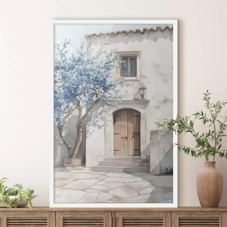 murales de pared Casa griega con hermoso árbol, arquitectura, estilo acuarela f43178