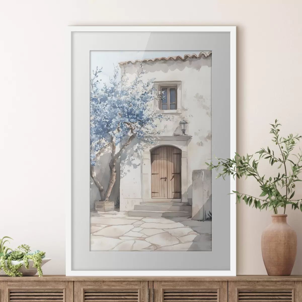 Poster Casa griega con hermoso árbol, arquitectura, estilo acuarela f43178
