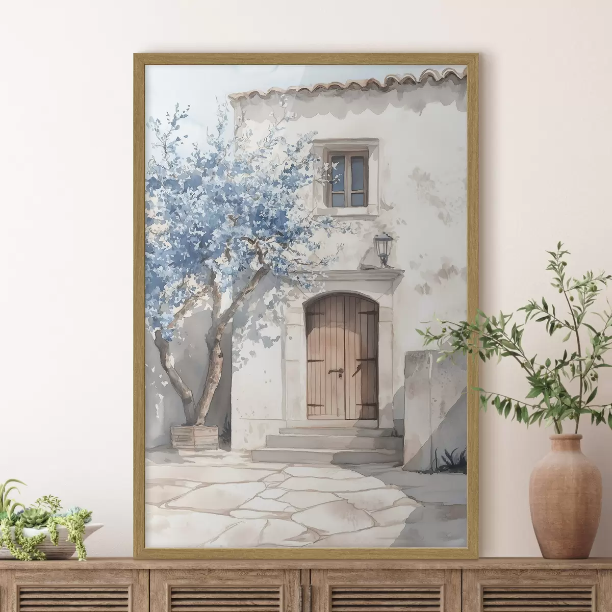Poster Casa griega con hermoso árbol, arquitectura, estilo acuarela f43178
