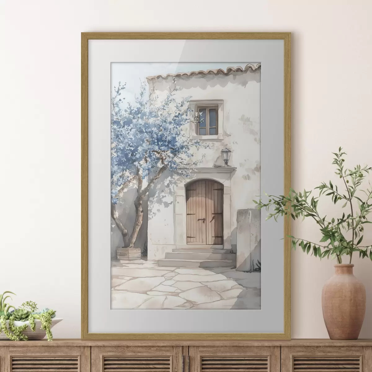 Poster Casa griega con hermoso árbol, arquitectura, estilo acuarela f43178