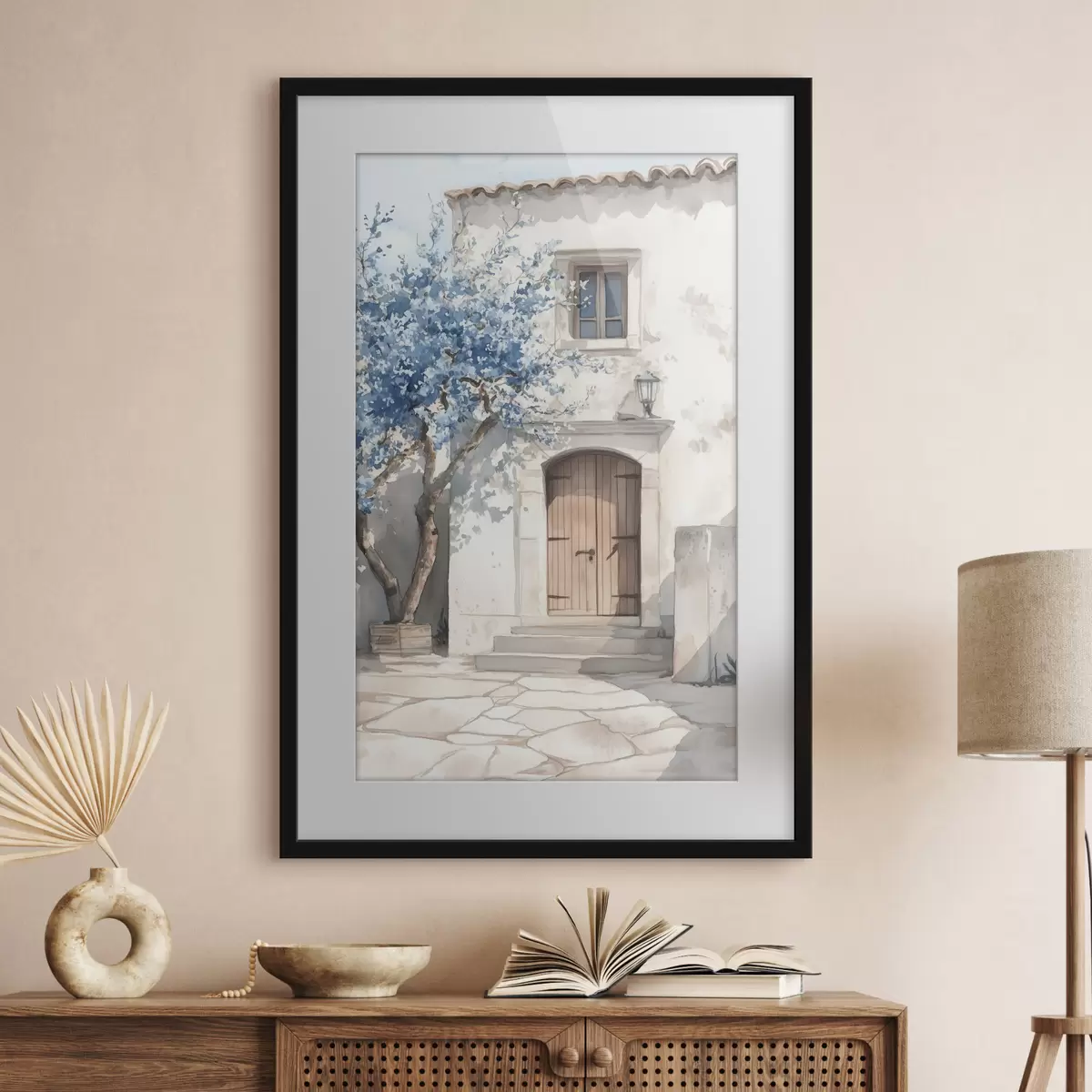 Poster Casa griega con hermoso árbol, arquitectura, estilo acuarela f43178