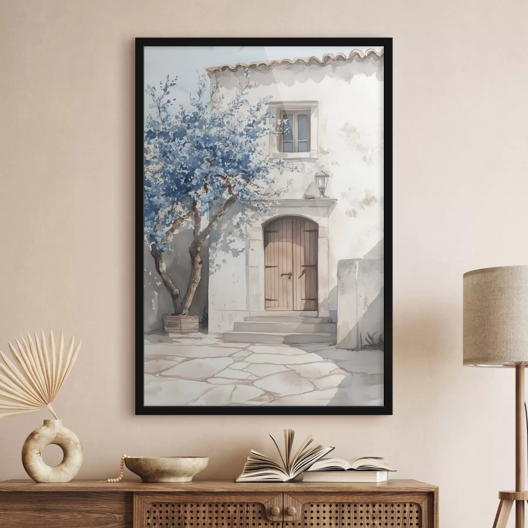 murales de pared Casa griega con hermoso árbol, arquitectura, estilo acuarela f43178