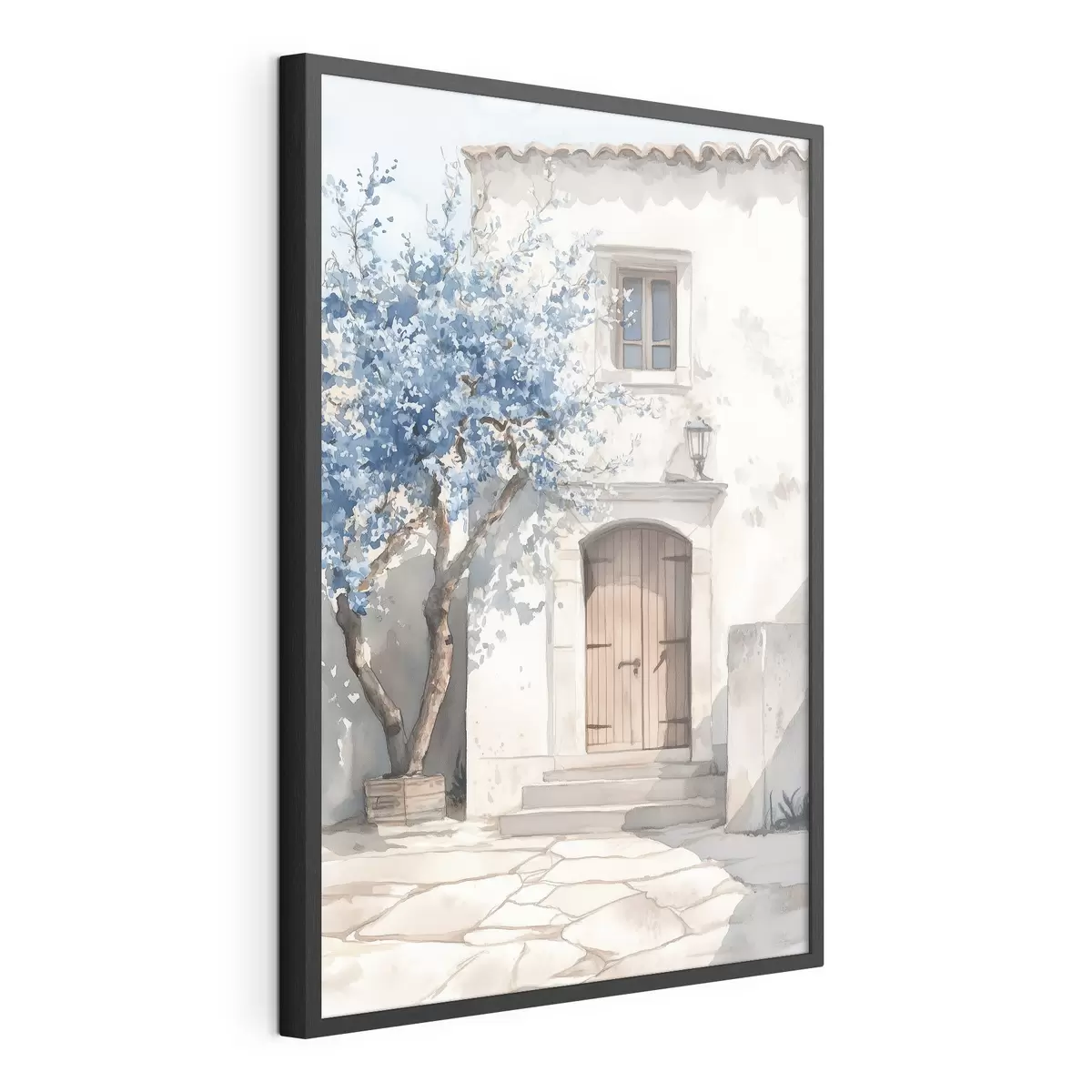 Poster Casa griega con hermoso árbol, arquitectura, estilo acuarela f43178