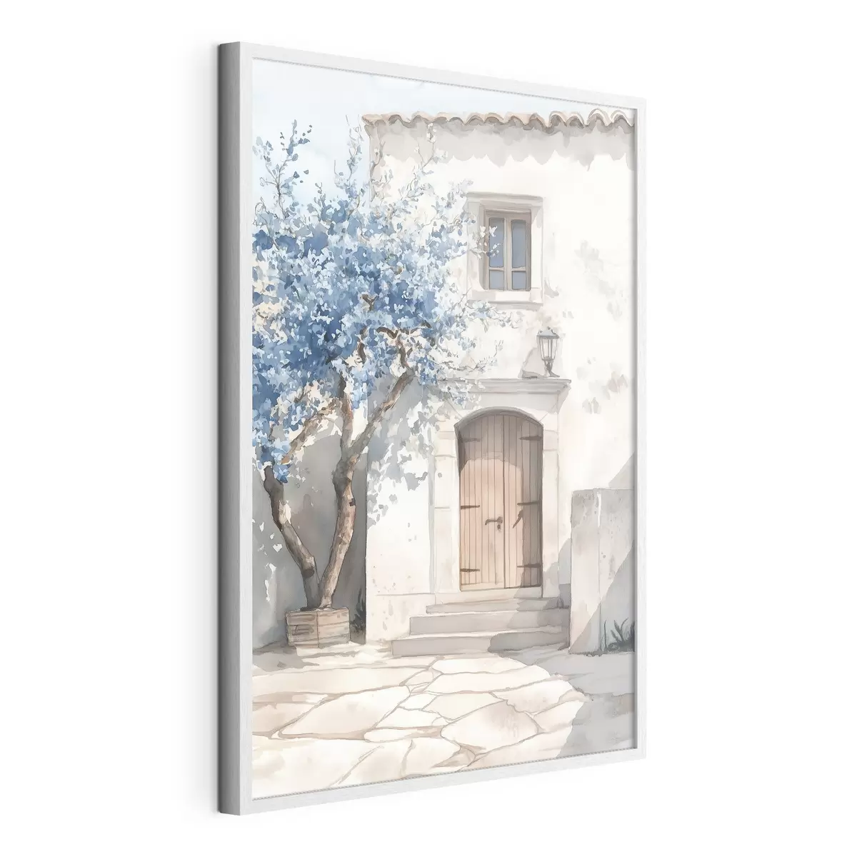 Poster Casa griega con hermoso árbol, arquitectura, estilo acuarela f43178