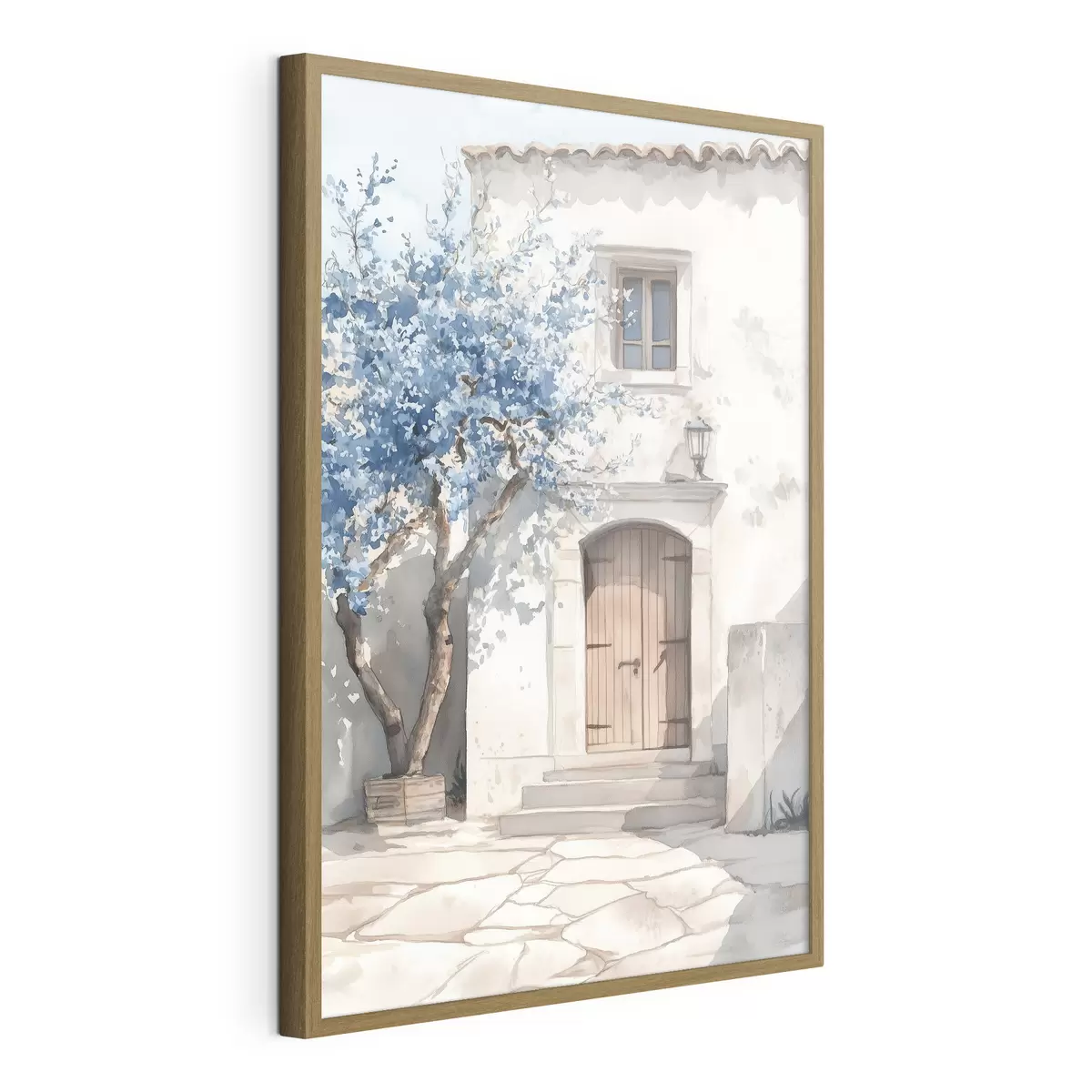Poster Casa griega con hermoso árbol, arquitectura, estilo acuarela f43178