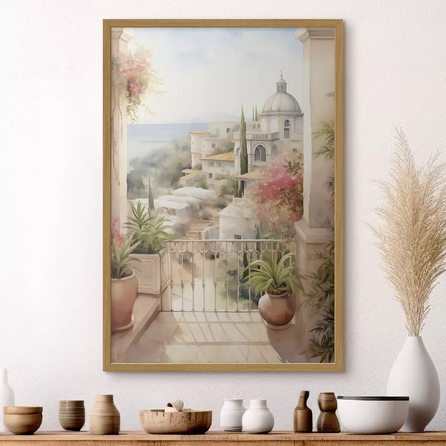 murales de pared Paisaje de verano en España, arquitectura mediterránea, estilo acuarela f43181