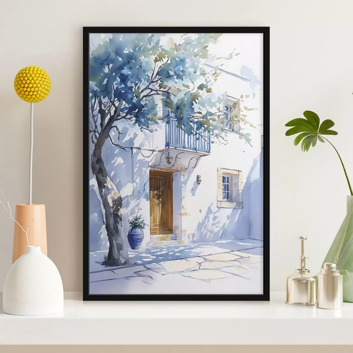 Poster Estilo acuarela, casa griega, árbol en flor, arquitectura f43182