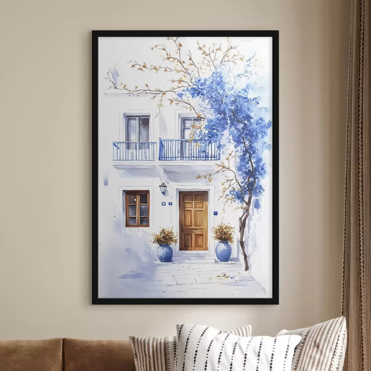Poster Árbol en flor con flores azules, casa blanca, Grecia, estilo acuarela f43183