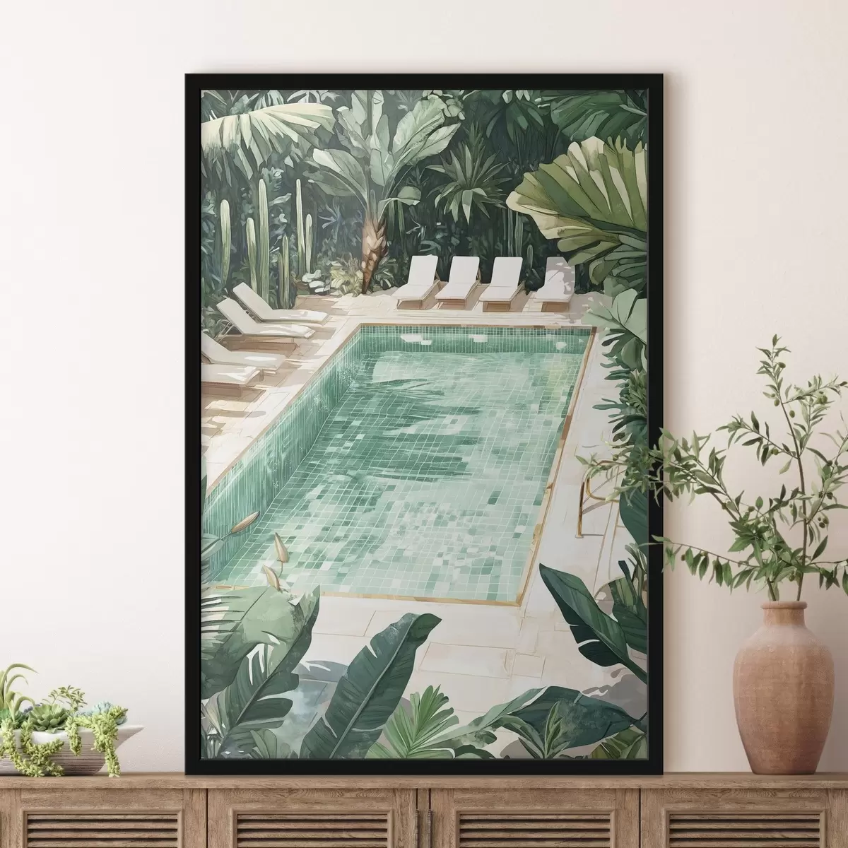 Poster Piscina de verano en el jardín verde, estilo vintage, acuarela f43189