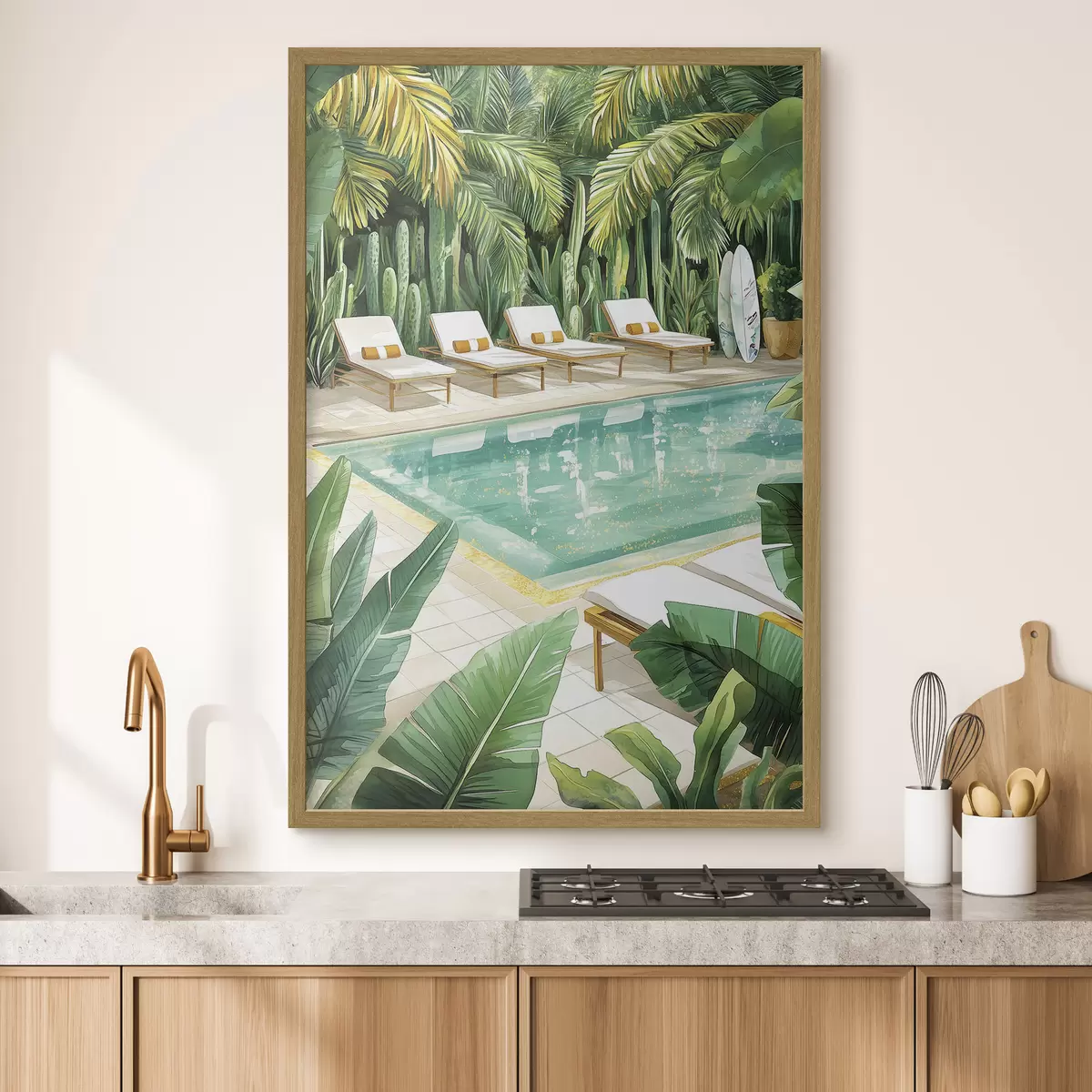 Poster Naturaleza tropical, jardín, piscina de verano, surf, estilo acuarela f43190