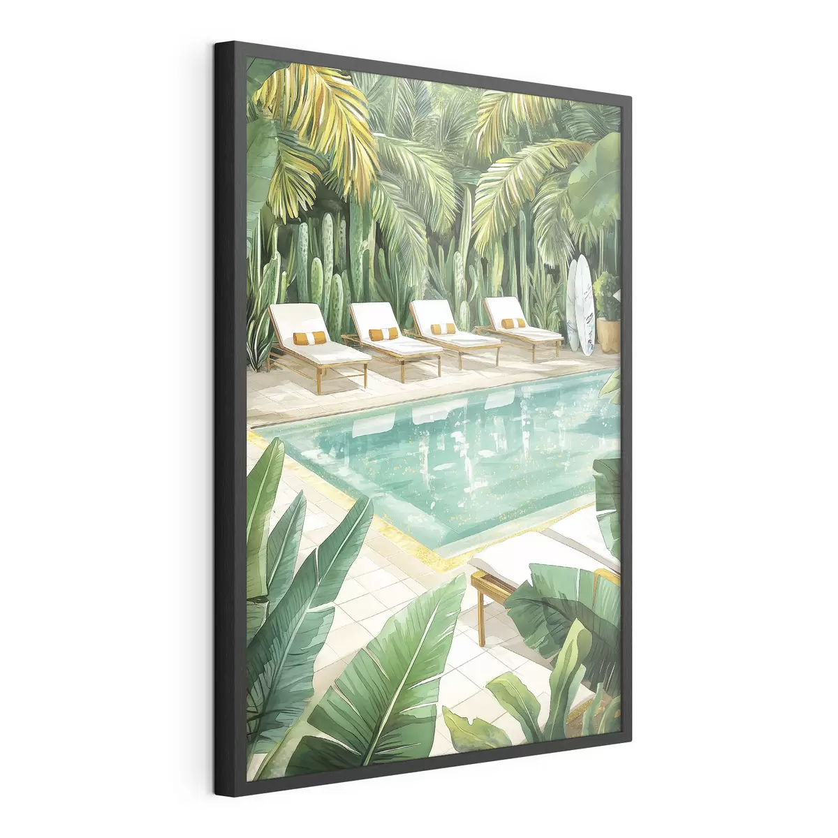 Poster Naturaleza tropical, jardín, piscina de verano, surf, estilo acuarela f43190