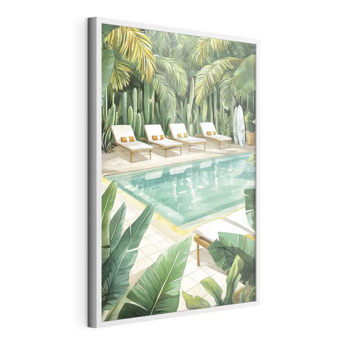 Poster Naturaleza tropical, jardín, piscina de verano, surf, estilo acuarela f43190