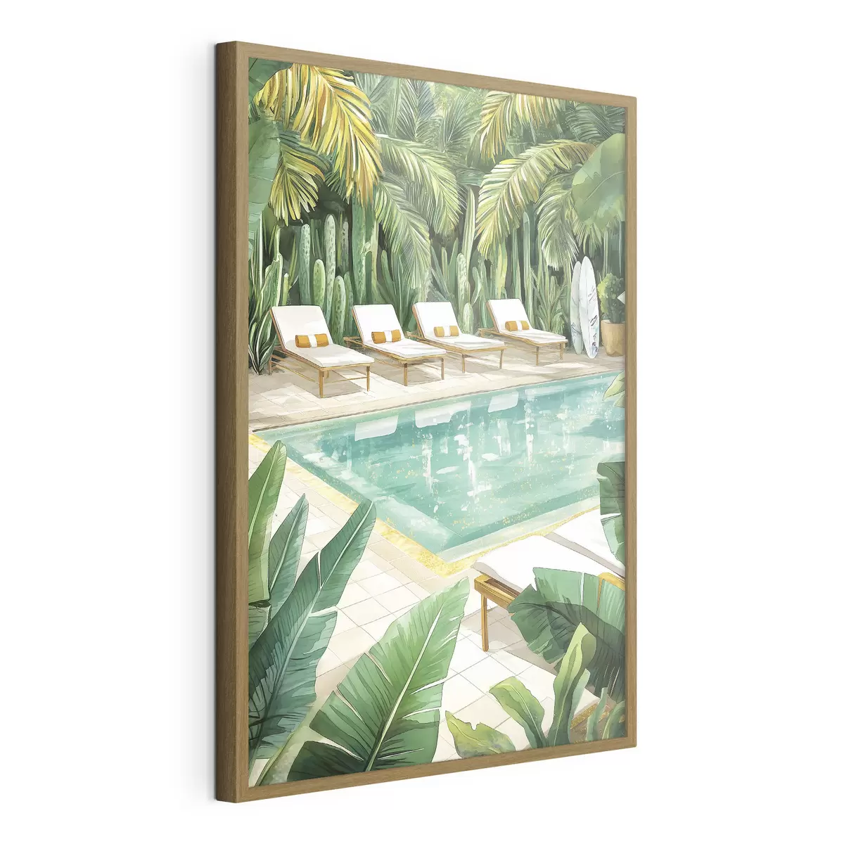 Poster Naturaleza tropical, jardín, piscina de verano, surf, estilo acuarela f43190