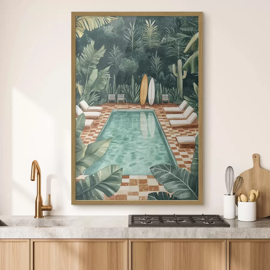 murales de pared Piscina de verano vintage, bosque tropical, vegetación, palmeras, estilo acuarela f43191