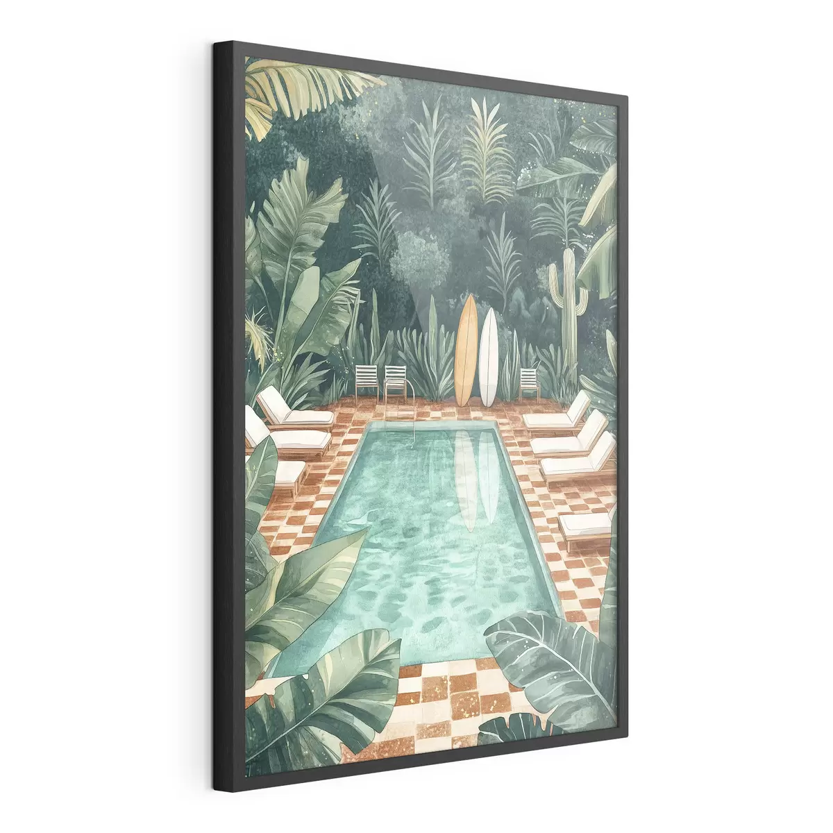 Poster Piscina de verano vintage, bosque tropical, vegetación, palmeras, estilo acuarela f43191