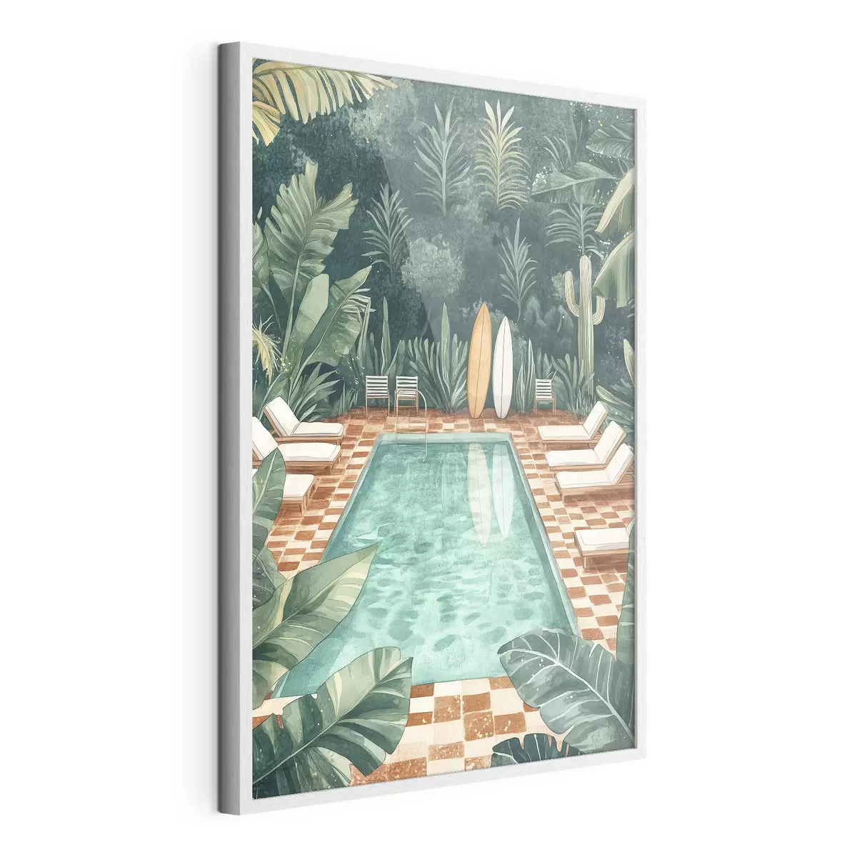 Poster Piscina de verano vintage, bosque tropical, vegetación, palmeras, estilo acuarela f43191