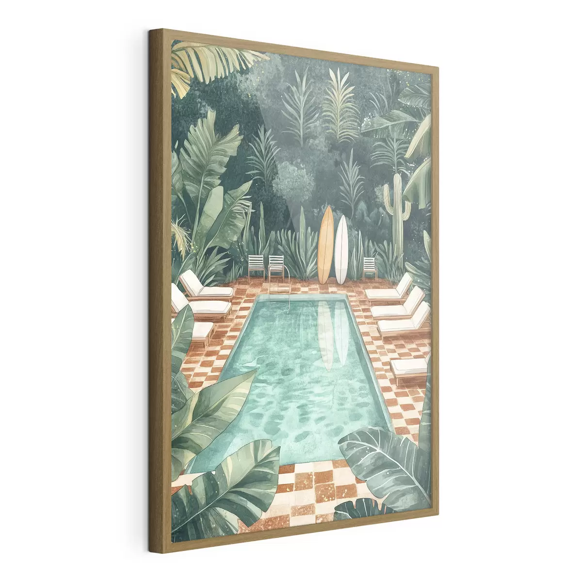 Poster Piscina de verano vintage, bosque tropical, vegetación, palmeras, estilo acuarela f43191
