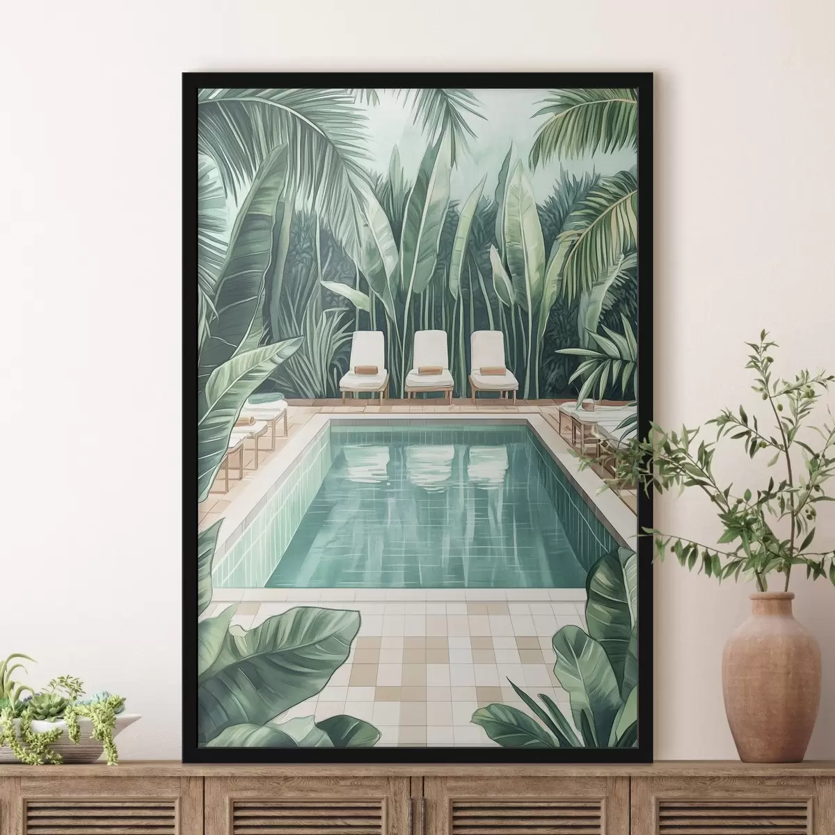 Poster Estética piscina de verano en el jardín tropical, estilo acuarela f43192