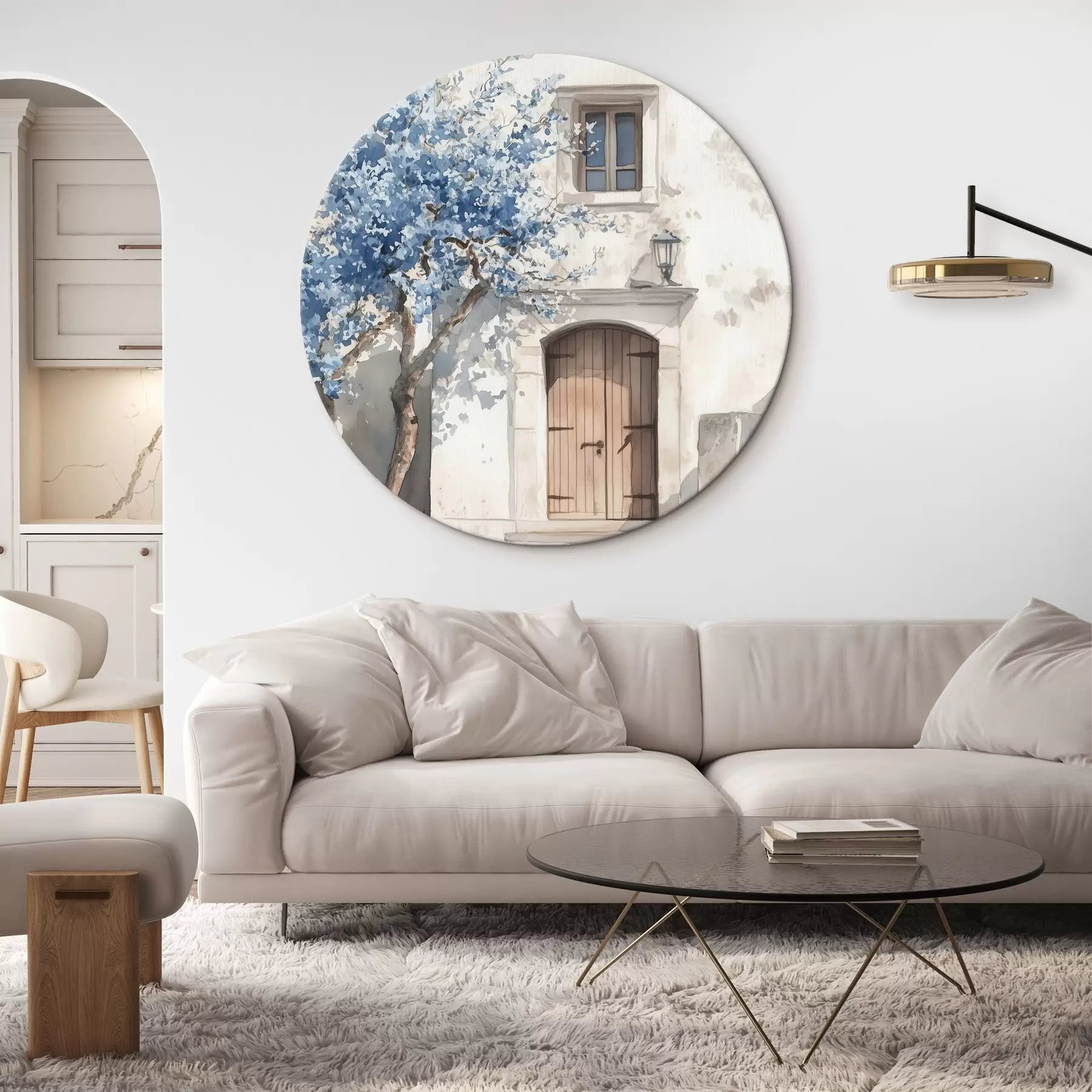 murales de pared Casa griega con hermoso árbol, arquitectura, estilo acuarela r43178