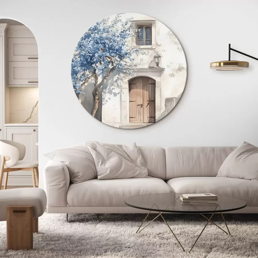 murales de pared Casa griega con hermoso árbol, arquitectura, estilo acuarela r43178