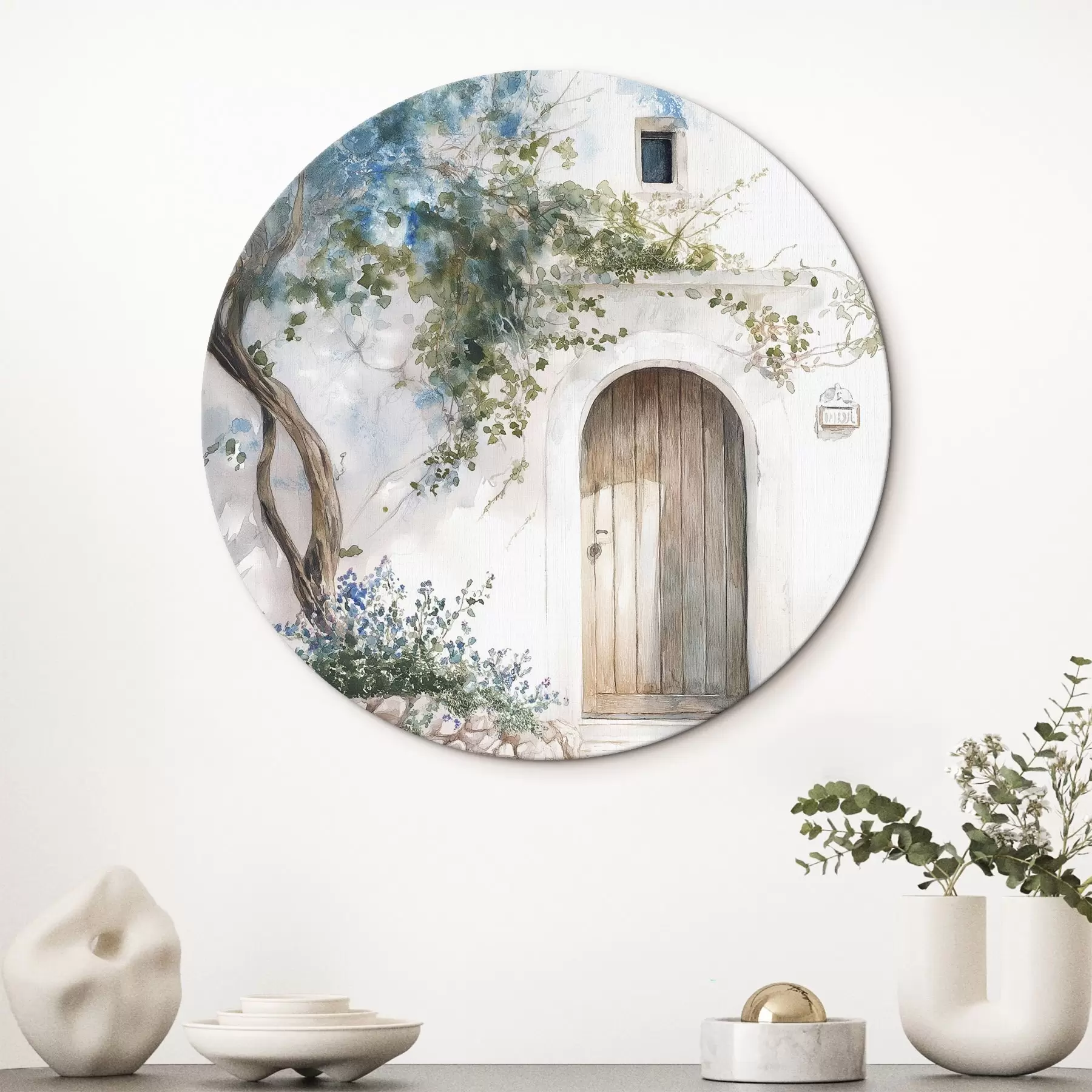 murales de pared Preciosa casa blanca con árbol en flor, estilo mediterráneo, acuarela r43179