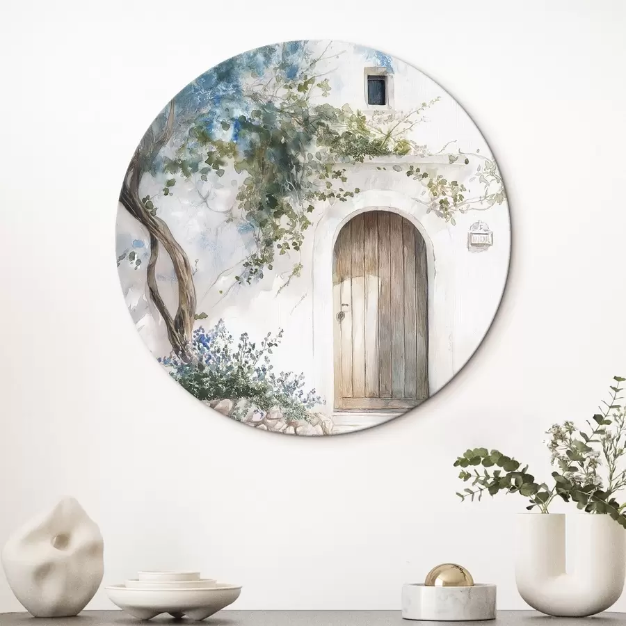 murales de pared Preciosa casa blanca con árbol en flor, estilo mediterráneo, acuarela r43179