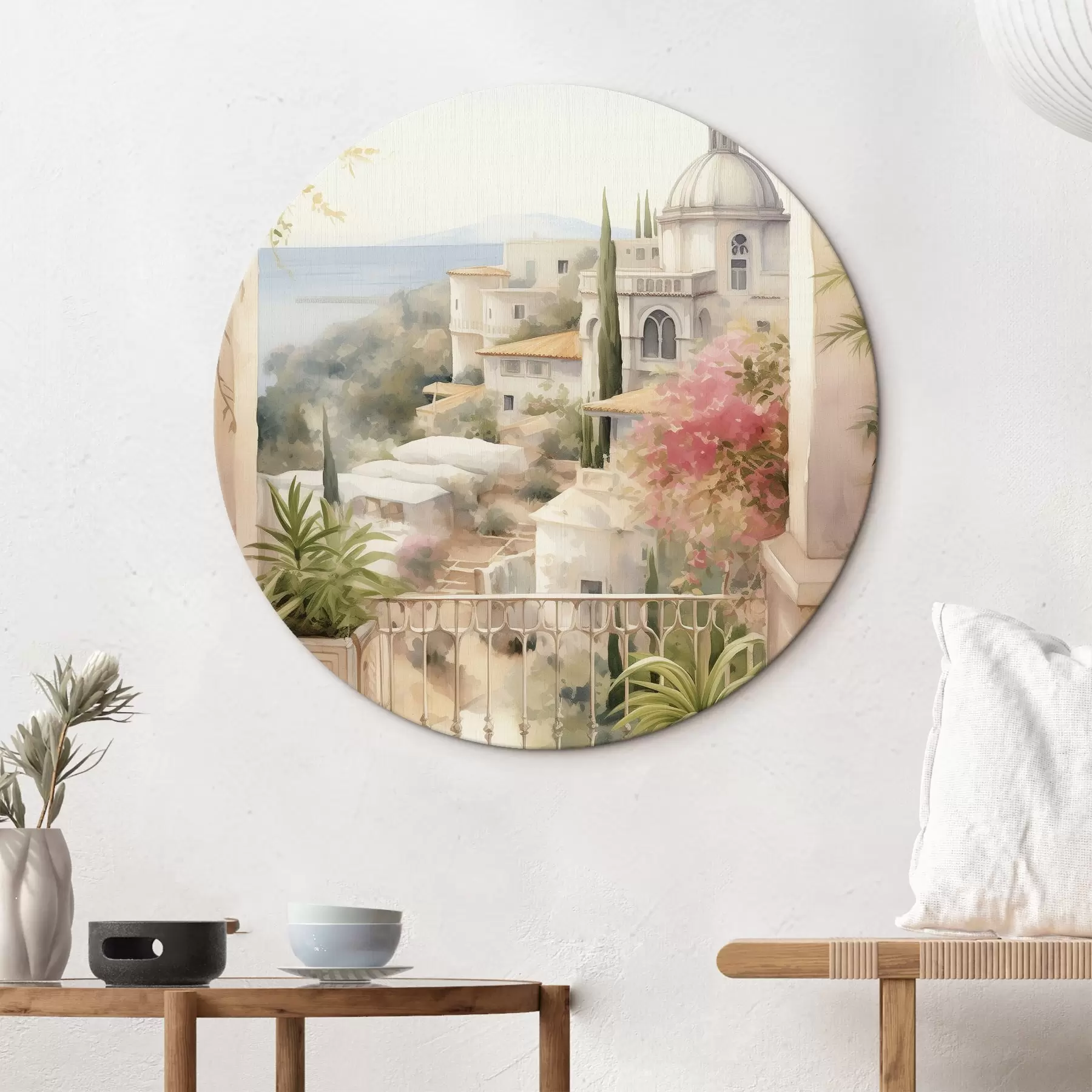 murales de pared Paisaje de verano en España, arquitectura mediterránea, estilo acuarela r43181