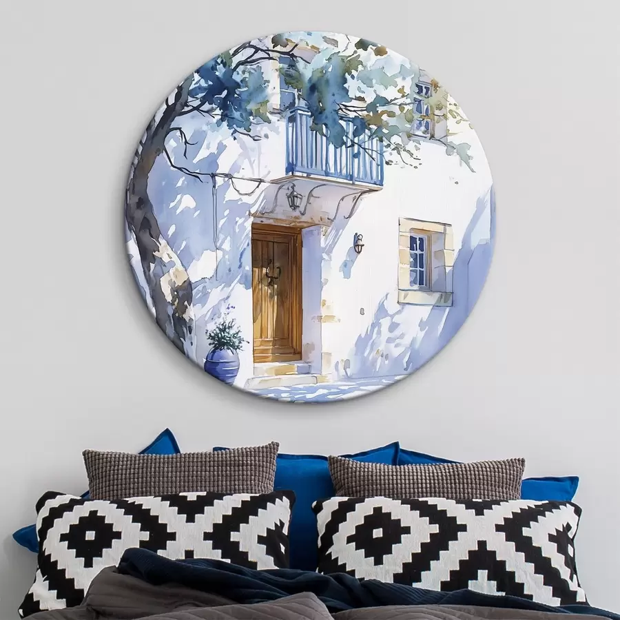 murales de pared Estilo acuarela, casa griega, árbol en flor, arquitectura r43182