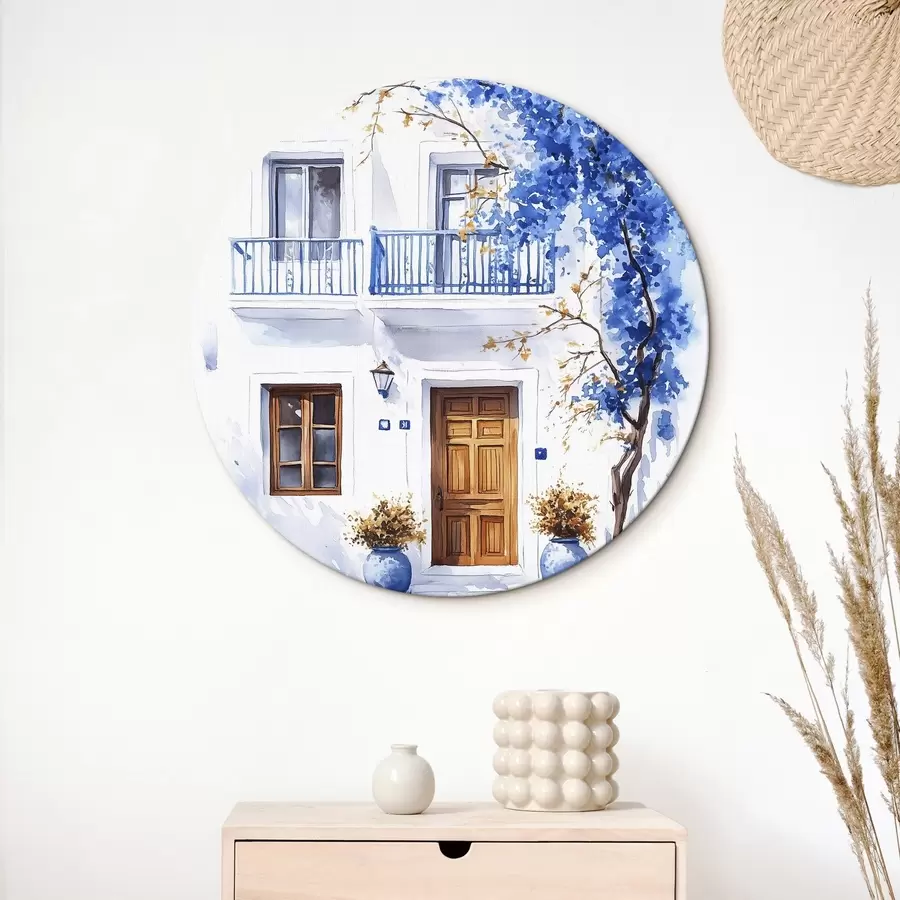 murales de pared Árbol en flor con flores azules, casa blanca, Grecia, estilo acuarela r43183