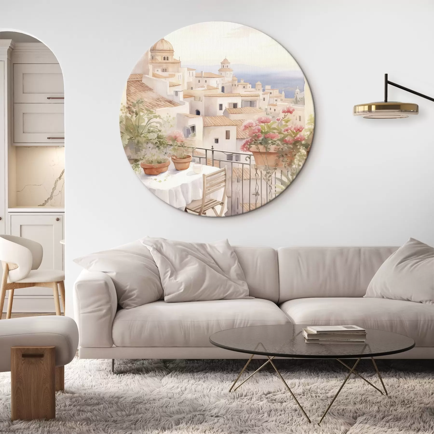 murales de pared Puesta de sol en el balcón, Italia, arquitectura, flores en flor, estilo acuarela r43184