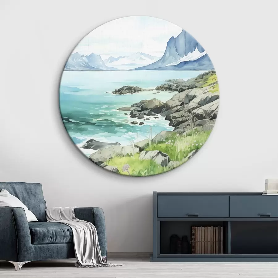 murales de pared Noruega naturaleza, fiordos, paisaje de verano, hierba verde, montañas, estilo acuarela r43188