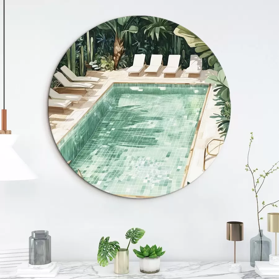 murales de pared Piscina de verano en el jardín verde, estilo vintage, acuarela r43189