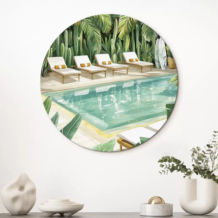 murales de pared Naturaleza tropical, jardín, piscina de verano, surf, estilo acuarela r43190