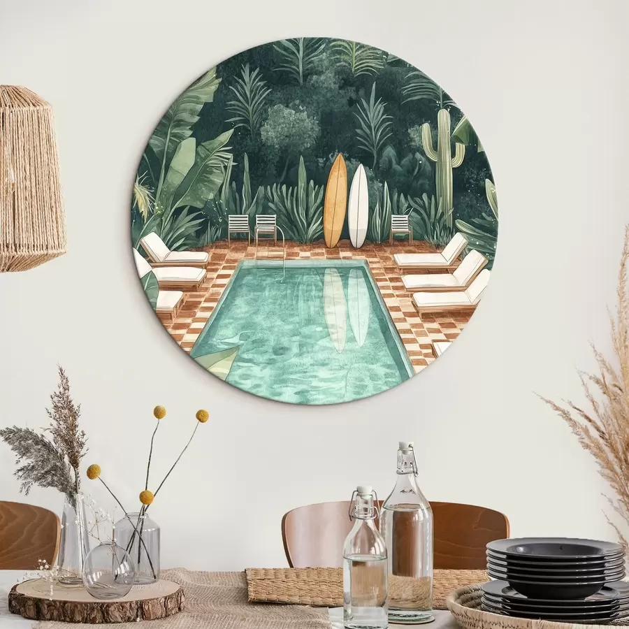 murales de pared Piscina de verano vintage, bosque tropical, vegetación, palmeras, estilo acuarela r43191