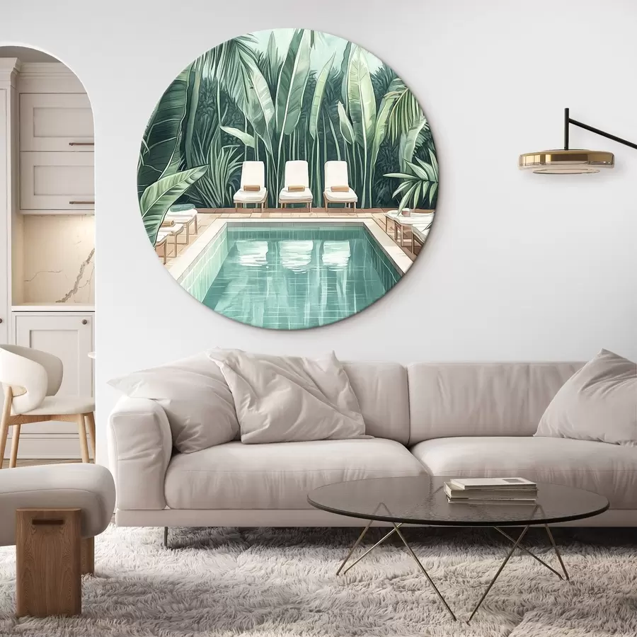 murales de pared Estética piscina de verano en el jardín tropical, estilo acuarela r43192