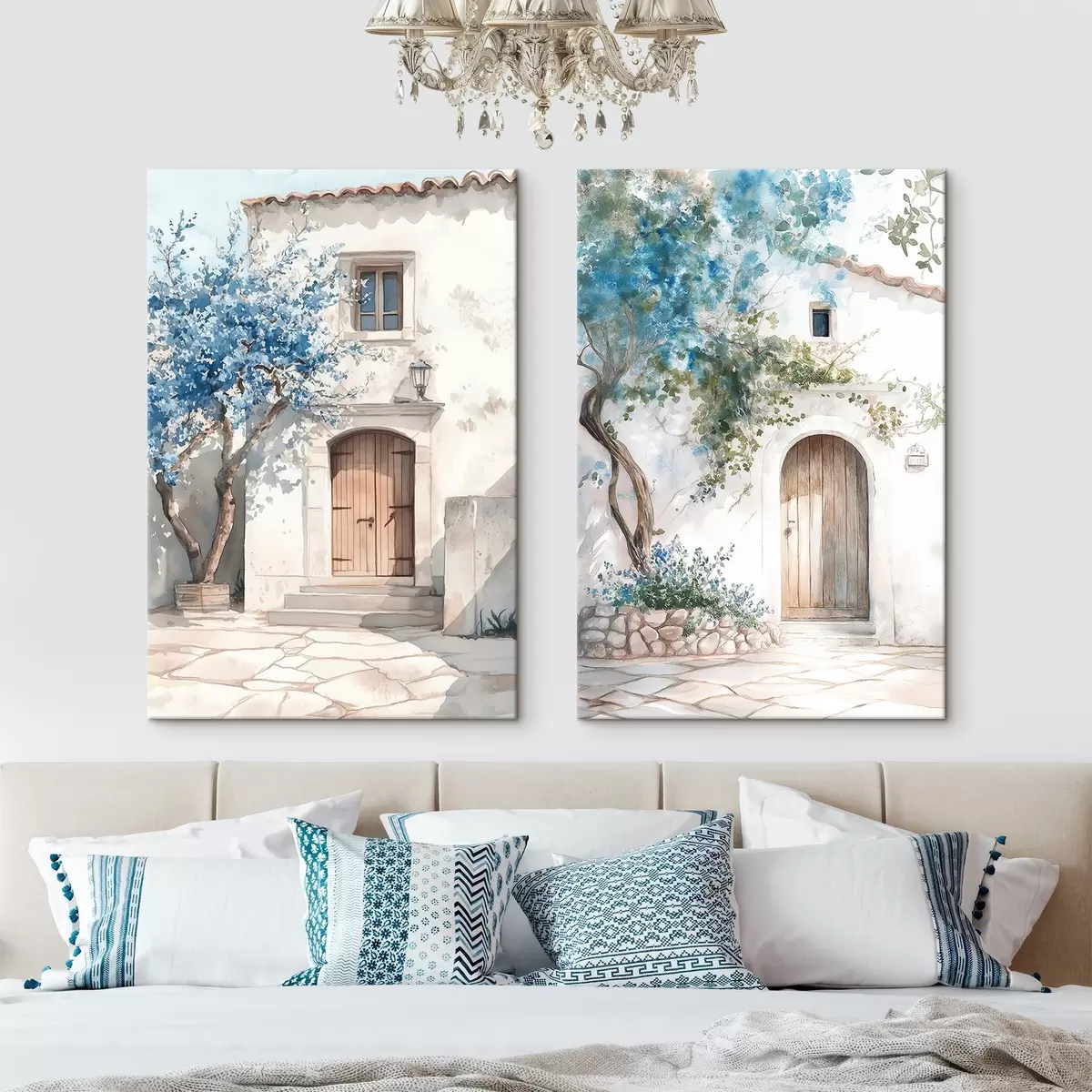 murales de pared Casas griegas blancas con árboles en flor, mediterráneo, dibujo estilo acuarela m00419