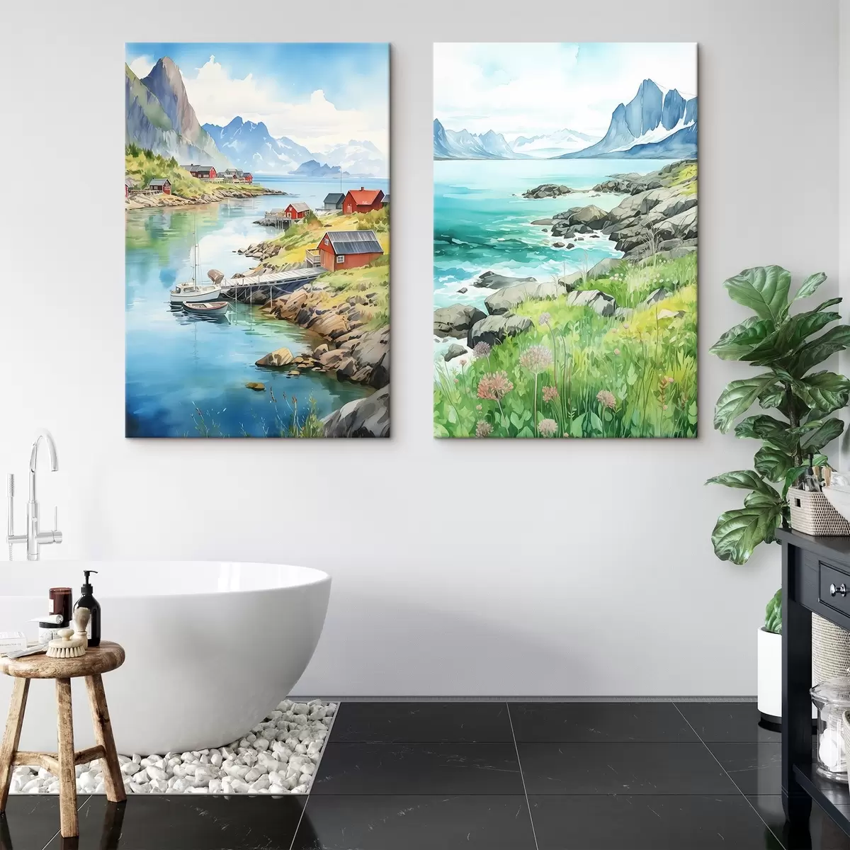 murales de pared Noruega naturaleza, islas Lofoten, paisaje de verano, casas rojas, montañas, barcos m00421