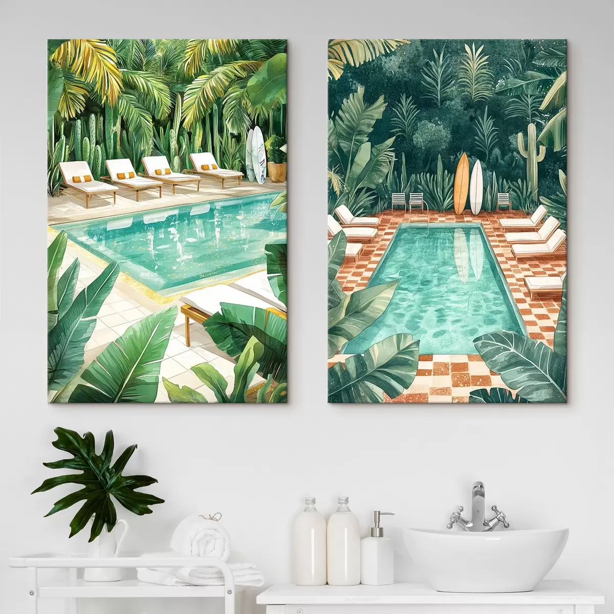 murales de pared Piscina de verano, vintage, bosque tropical, vegetación, palmeras, estilo acuarela m00422