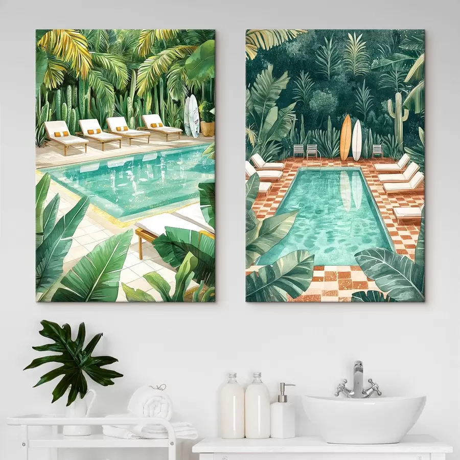 murales de pared Piscina de verano, vintage, bosque tropical, vegetación, palmeras, estilo acuarela m00422