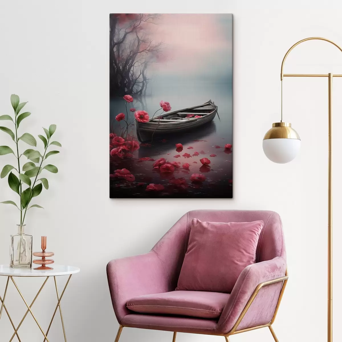 murales de pared Barco y flores de amapola en el lago s43203