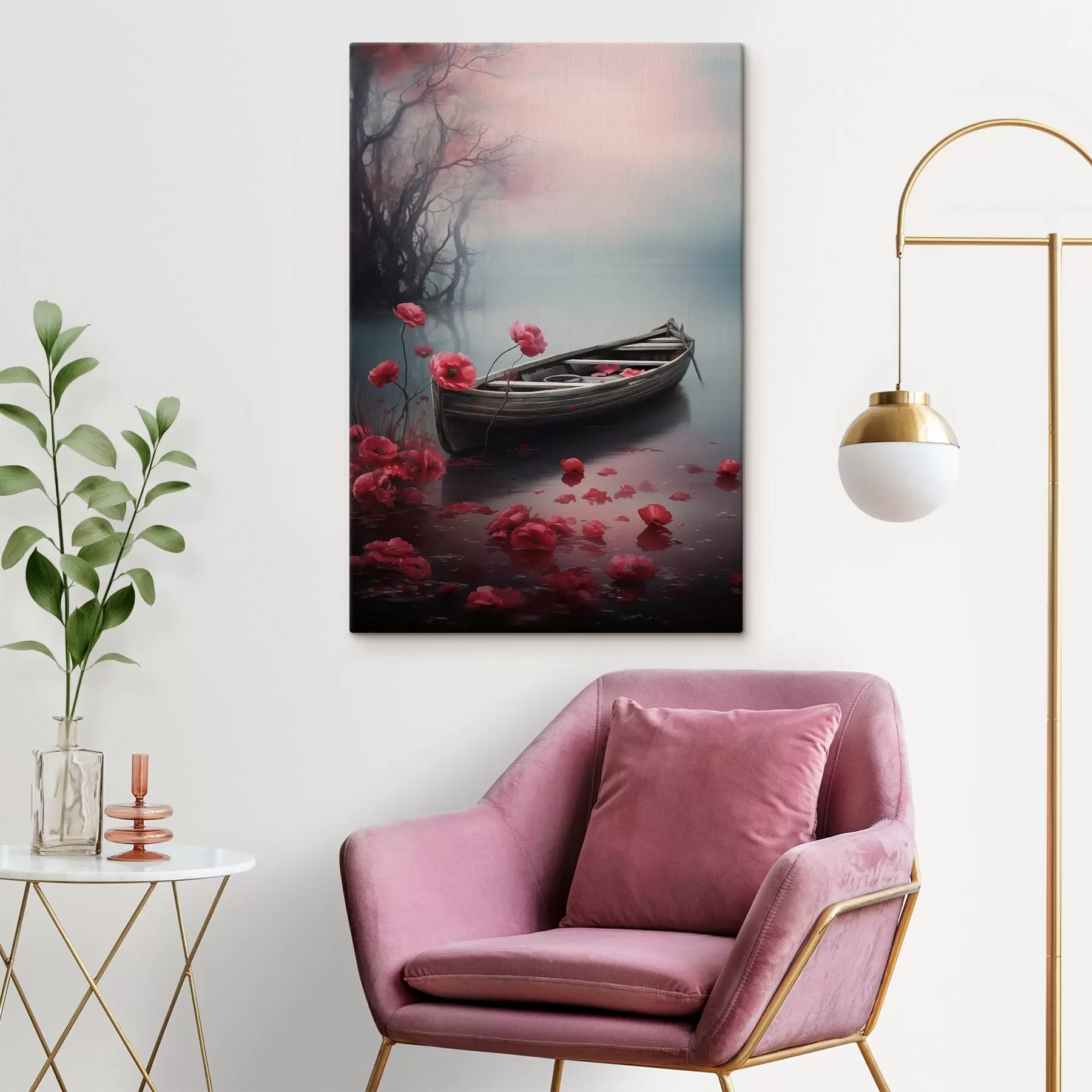 murales de pared Barco y flores de amapola en el lago s43203