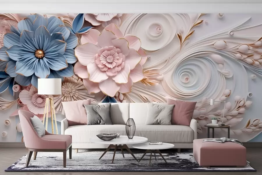 murales de pared Una delicada composición floral en tonos rosas y azules con un suave fondo en relieve w08847