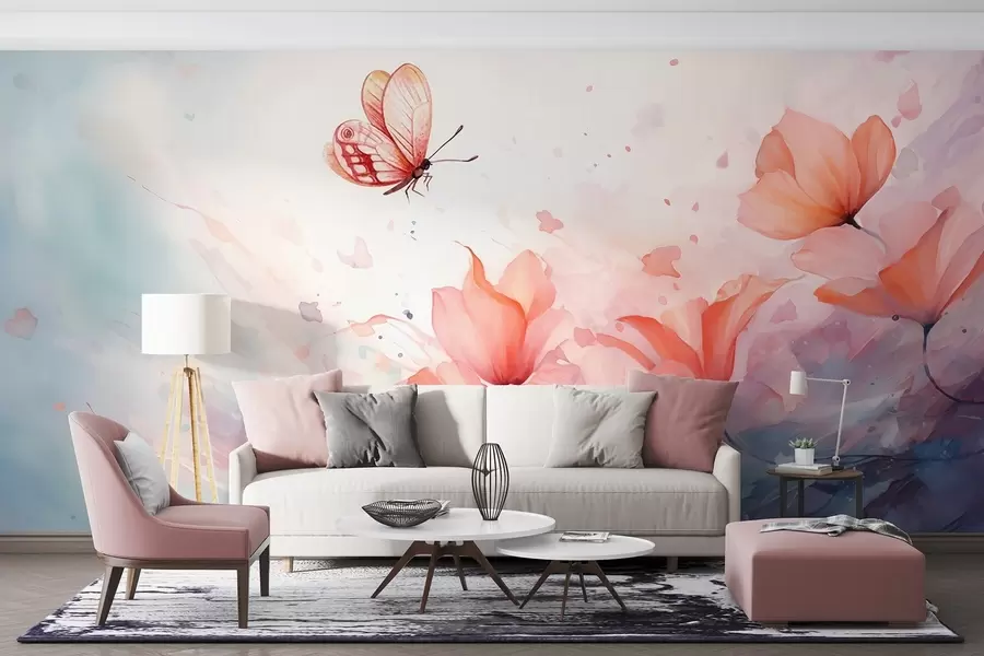 murales de pared Delicadas amapolas con una mariposa en estilo acuarela w08849